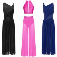 Women Lyrical Dancewear Adults Mesh Splice Modern Dance Costume Rhinestone Figure Ice Skating Dress Gymnastics Leotard Dress