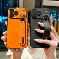 Wrist Strap Leather Lens Protection Phone Case For iPhone 17 16 15 14 Plus 13 Pro Max Soft Silicone Bumper Shockproof Back Cover