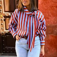 Vintage Women Blouse Striped Turn-down Collar Bow Long Sleeve Single Breasted Blouse Fashion 2026 Spring Loose Casual Blouses