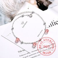 925 Silver Ankle Bracelet for Women, Pink Strawberry Crystal, Korean Minimalist Style, Wedding & Party Jewelry, Fashion Gift