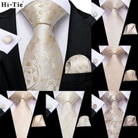 Hi-Tie Champagne Beige Floral Designer Wedding Nicktie For Men Hanky Cufflink Gift Mens Tie Set Business Party Dropshipping