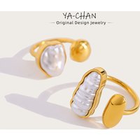 YACHAN Chic Irregular Pearl Stainless Steel Open Rings for Women Charm Luxury 18K Gold Plated Tarnish Free Jewelry