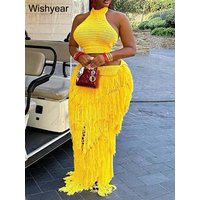 Yellow Crochet Fringe 2 Piece Outfit Halter Crop Top & Maxi Skirt Set Knit Tassel Dress for Women Summer Beach Party Festival