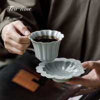 Sky Blue Ru Kiln Ceramic Coffee Cup Saucer Handmade Petal Mugs Mug Mate Porcelain Tea Cups Milk Aesthetic Rare Cups Tea Set
