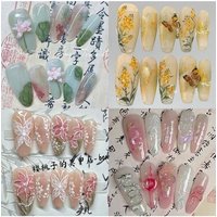 10Pcs Chinese Style Flowers Series Handmade Press On Nail Sunflower Lotus Lily Butterfly Long Coffin Ellipse Reusable False Nail
