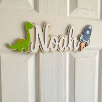 Customized Wooden Sign Vibrant Green Dinosaur And Rocket Theme Name Plaque Wall Hanging Decor for Bedroom Game Room