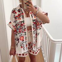 Summer Loose Linen Vacation Outfits Casual Lady Short Sleeve Tops Two Piece Vintage Floral Printed Lapel Shirts And Shorts Sets