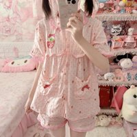 Kawaii Lolita Strawberry Embroidery Pajamas Set Women Short Sleeve Tops Shorts Suit Sweet Princess Casual Homewear Loungewear