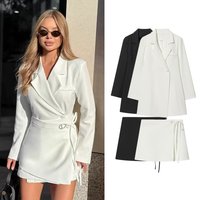 Women White Short Skirt Sets Or Spring Autumn Female Elegant OL Slim A Button Blazers Or Lady Chic Lace-Up Mini A-Line Skirts