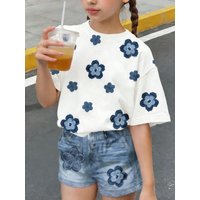 Warm and Sweet Floral Faux Denim Pattern Print Set, Summer Digital Print Casual Top + Shorts Two-Piece Set for Girls, Available in Blue, Rose Pink, Purple, and Multiple Colors, Suitable for Children