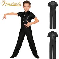 Children Figure Skating Jumpsuits Boys Modern Latin Dance Shirt Bodysuit Leotard Kids Salsa Tango Ballroom Lapel Romper Tops
