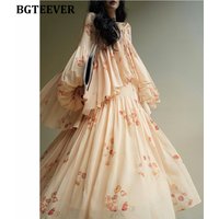 BGTEEVER Vintage Loose Female 2 Pieces Dress Set Long Sleeve V-neck Blouses Women Sleeveless Printed Dress