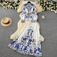 Fashion Print Irregular Top Skirt Suits Women Long Sleeve Gorgeous Flower Belt Blouses High Waisted Pleated Skirts Set Outfits