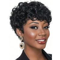 Cut Short Curly Wigs for Women, Synthetic Full Wigs with Bangs, Glueless Daily Wear And Go, Black Color, Heat Resistant, Beginne