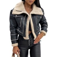 Women Faux Leather Biker Jacket with Faux Fur Trimmed Collar Vintage Moto Coat Warm Winter Outerwear