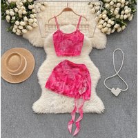Women's Summer Sexy 2 Pieces Set New Chic Printed Spaghetti Strap Sleeveless Crop Top and Elastic Waist Ruffles Mini Skirt Suits