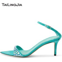 Open Pointed Toe Slippers Ladies Medium High Heels Custom Slide Sandals With Rhinestones Mule Shoes