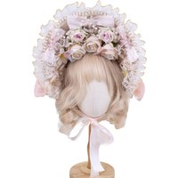 Women Girls pink Vintage Victorian Tea Party Lace Straw Hat Lolita Flowers Ribbons Flat Bonnet Headdress With Bow & Pearl