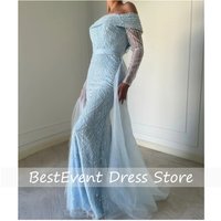 Light Blue Arabic Evening Dress Luxury Party Dress Backless Beads Dresses for Special Events One Shoulder Prom Customized