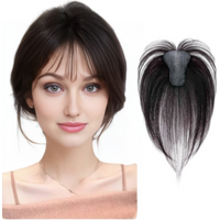 No Clip Magic Paste Human Hair Toppers for Women Wispy Bangs Cover Thinning Grey Hair Fluffy Hook and Loop Hair Patches 10 inch