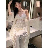 French Romantic Long Strap Sleep Dress Women's Silk Two-Piece Set with Chest Pad Court Style Sleep Robe Elegant Sleepwear