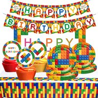 Building Blocks Theme Birthday Party Decoration Tableware Cup Cake Topper Balloon Backdrop Tablecloth Banner For Party Supplies