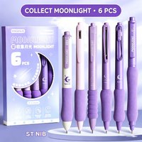 Collect Moonlight Purple Gel Pens, Soft Grip Quick Dry Black Ink 0.5mm ST Nib Retractable Pens, 6Pcs Set for School & Office