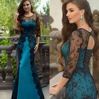 Teal Black Lace Mermaid Mother of the Bride Dress 3/4 Sleeve Round Neck Corset Back Formal Evening Party Gown for Wedding Guest
