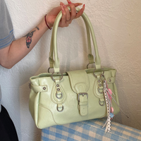 Korean Y2k Style Pu Shoulder Tote Bag Vintage Buckle Hardware Underarm Handbag Women Solid Color Daily Commute Handheld Purse
