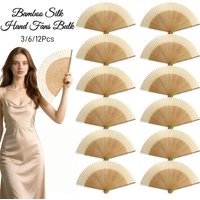 3-12Pcs Bamboo Silk Hand Fans Bulk, Folding Fans Handheld Portable Women Small Chinese Fans for Wedding Guests, Party Favors, Bi