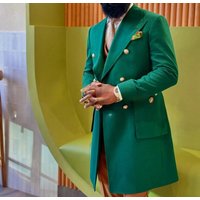 Costume deux pièces vert pour homme, style manteau long croisé, élégant, formel, pour mariage, marié, soirée, tenue tendance homme