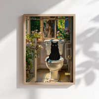 Bathroom Cat Reading on Toilet Canvas Wall Art Print Poster Funny Animal Decor Painting Home Decor Gift Unframed