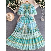 Vacation Floral Print Dress Women's V-neck Lace Paneling Waist-cinching Bell Sleeve Long Skirt High Waist A-line Summer Dress