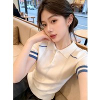 Korean Style Striped Color Block Collar Short Sleeve Knitted Top Slim Fit Summer Design Simple Versatile Short Length Women's...
