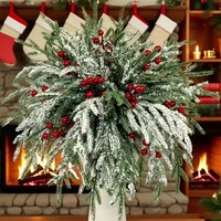 35 Pieces, Without Vase, Artificial Norfolk Pine Branches and Leaves with Red Berry Snowflake Branches - 13.78inch Long Durable Plastic Indoor and Outdoor Christmas Tree Decorations, for Wreath