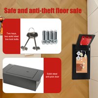 Unterflur-Bodensafe aus Stahlplatte zur Aufbewahrung von Schmuck und zur Sicherheit im Haushalt, Installiert auf Stützbalken unter dem Boden. Ein Unterflur-Bodensafe aus Stahlplatte, der auf den