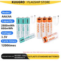 kuugro USB 1.5V AAA and AA Rechargeable Lithium ion Batteries 1.5V 2800mWh aa Li-ion Batteries+666mWh 1.5V aaa Li-ion Battery