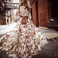 Nauwsluitende Bedrukte Jurk Elegante Maxi Jurk Voor Vrouwen A-Lijn Silhouet Hoge Taille Ontwerp Halve Mouw Detail Voor De