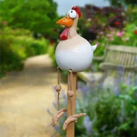 Funny Big Eyed Chicken Statue Long Foot Hen Sculptures Garden Fence Art Supplies Wooden Stake Decoration Resin Crafts