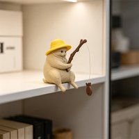 3D Printed Fishing Cat Figurine Cute Hat Kitten Monitor Ornament Home Office Desk Shelf Decor Mini Fisherman Cat Statue