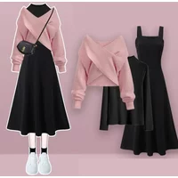 Women Spring Autumn New Vintage Knit Sweater+Shirt+Strap Midi Dress 3-piece Suit 2025 Korean Elegant Pullover Dress Matching Set