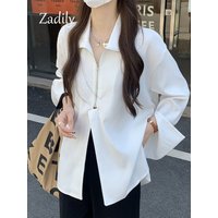 2026 Summer Street Style Long Sleeve White Chiffon Shirt Women Zipper Loose Ladies Blouse Minimalist Female Clothing Tops