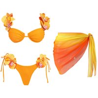 Flower Bikini With Skirt Set Sexy Women 3Pcs Swimsuit Push Up Swimwear Female Bandeau Biquini Bathing Suit Bodysuit Beachwear