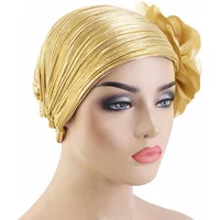 New Gold Headscarf Hat Retro Shiny Chemo Cap Women Muslim Hijab Pleated Bonnet Beanies Flower Hair Loss Head Wrap Turbante Mujer