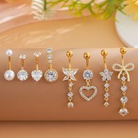 8pcs/lot Dangle Curved Navel Belly Piercing Set Gold Color Belly Button Ring Flower Heart Pendant Body Piercings Nombril Ombligo