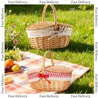 1/2pcs Handmade Willow Picnic Basket With Lid And Handle Washable Lining Willow Storage Basket Suitable For Outdoor Camping Gift