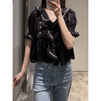 Women Floral Embroidery Blouse Ruffles Spliced V-Neck Puff Sleeve Single Breasted Casual 100% Cotton Black Shirt image 2