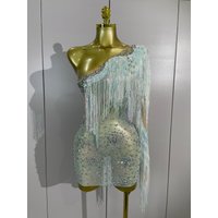Women One Shoulder Mesh See Through Mini Dress Sparkly Rhinestone Tassel Latin Dance Outfits Bar Nightclub Party Club Stage Wear