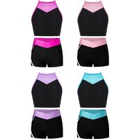 AliExpress YUUMIN Girls Color Block Sports Set Sheer Mesh Cutout Back Crop Top with Contrasting Shorts for Workout Exercise Yoga Running Cycling