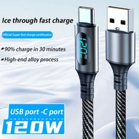 120W Cable 6A Super Fast Charging Cable USB-C Nylon Braided With LED Digital Display For Samsung Xiaomi Huawei Data Cord New